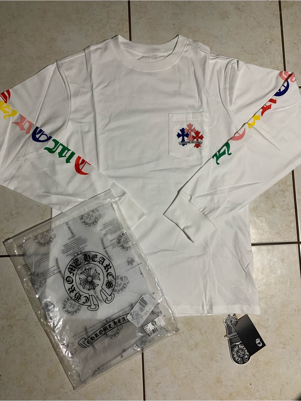 Chrome Hearts White Long Sleeve Tee with Multicolor Sleeve Logos